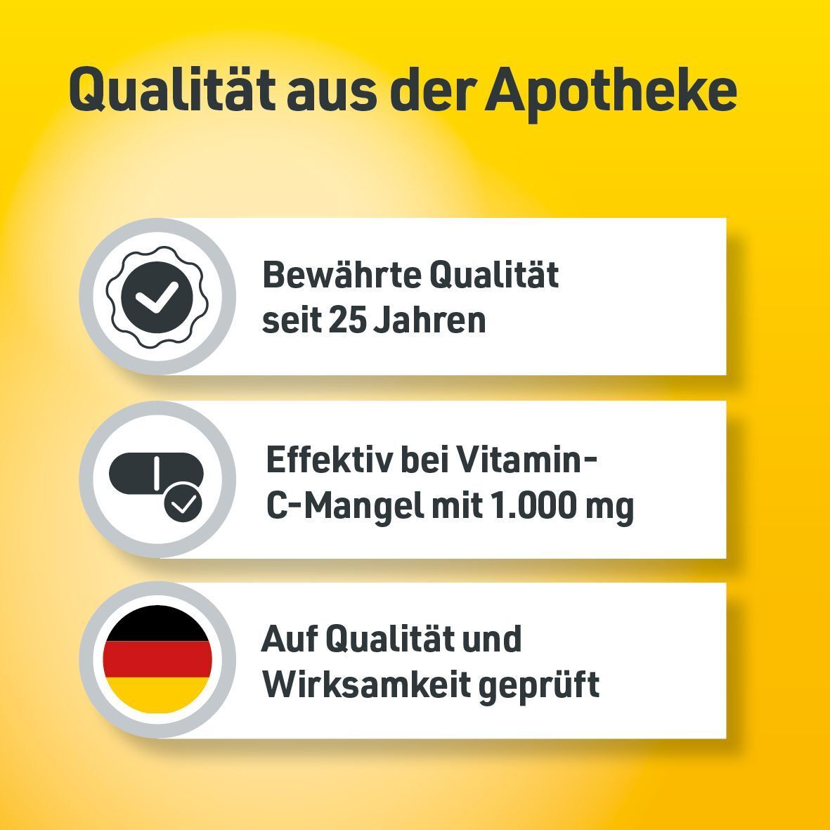 Drei Symbole: Qualitätssiegel, Tablette mit Haken, Deutschlandflagge. Bewährte Qualität. Effektiv bei Vitamin-C-Mangel. Geprüfte Qualität.