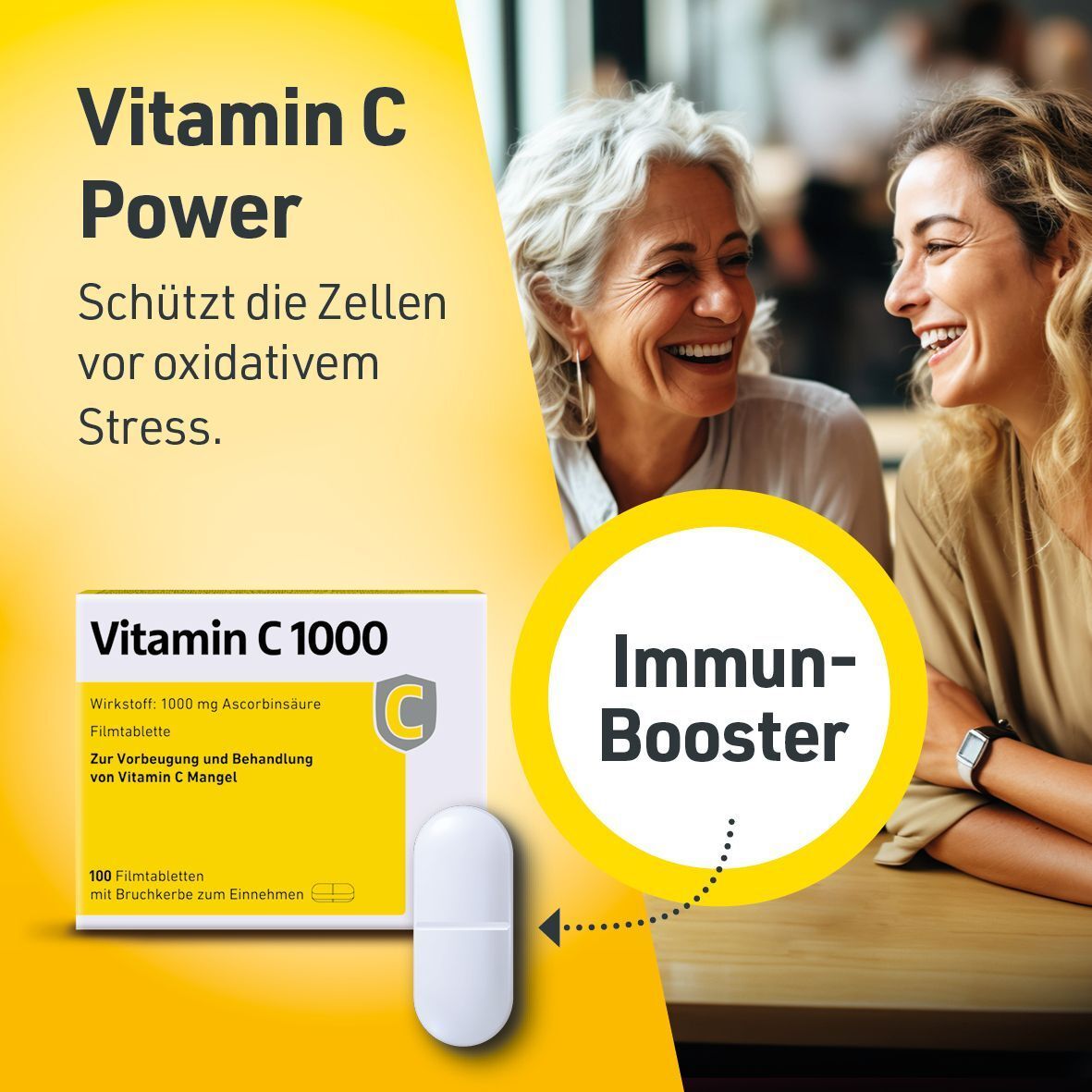 Frauen lächeln. Packung Vitamin C 1000 und Tablette. Gelbe Verpackung mit weißer Schrift. 100 Filmtabletten. Immunsystem-Booster.