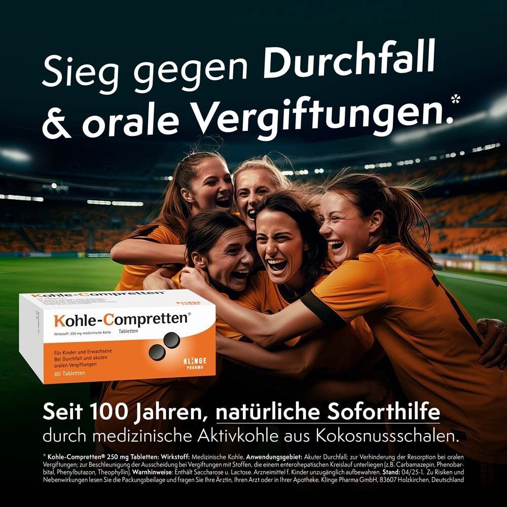 Werbung mit jubelnden Frauen. Kohle-Compretten®-Packung. Text: Sieg gegen Durchfall & orale Vergiftungen. Seit 100 Jahren natürliche Soforthilfe.