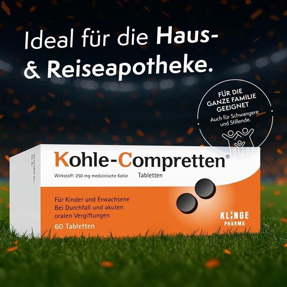 Kohle-Compretten®-Packung auf Rasen. Text: Ideal für die Haus- & Reiseapotheke. Geeignet für die ganze Familie. Illustration von Tabletten.