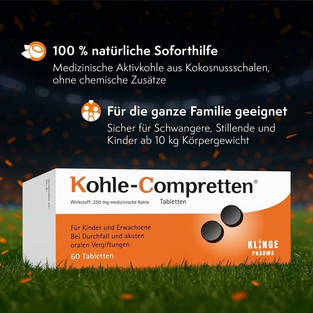 Kohle-Compretten®-Packung auf Rasen. Text: 100 % natürliche Soforthilfe. Geeignet für die ganze Familie. Sicher für Schwangere, Stillende und Kinder.