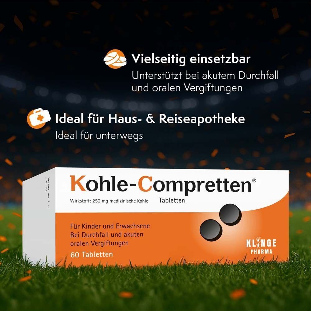 Kohle-Compretten®-Packung auf Rasen. Text: Vielseitig einsetzbar. Ideal für Haus- & Reiseapotheke. Illustration von Tabletten.