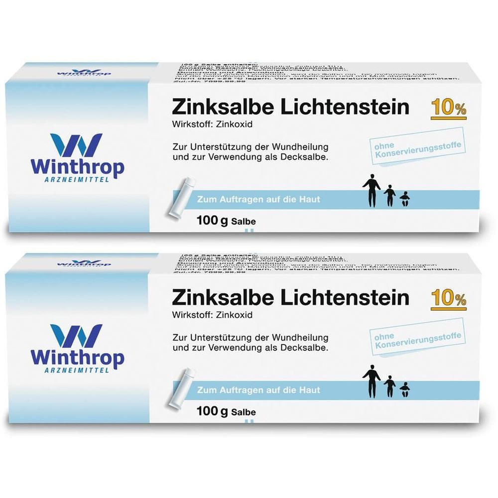 Zwei weiße Faltschachteln mit Aufschrift Zinksalbe Lichtenstein 10%. Winthrop Logo. Text: Zur Unterstützung der Wundheilung.
