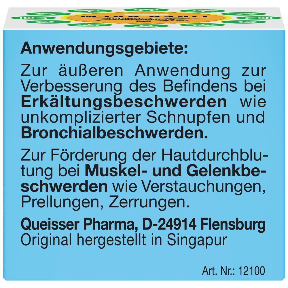 Verpackung von TIGER BALM® WEISS. Blauer Hintergrund mit Text: Anwendungsgebiete, Queisser Pharma, Art. Nr.: 12100.