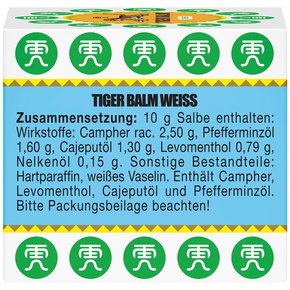 Verpackung von TIGER BALM® WEISS. Text: Zusammensetzung: 10 g Salbe enthalten: Wirkstoffe, Inhaltsstoffe.