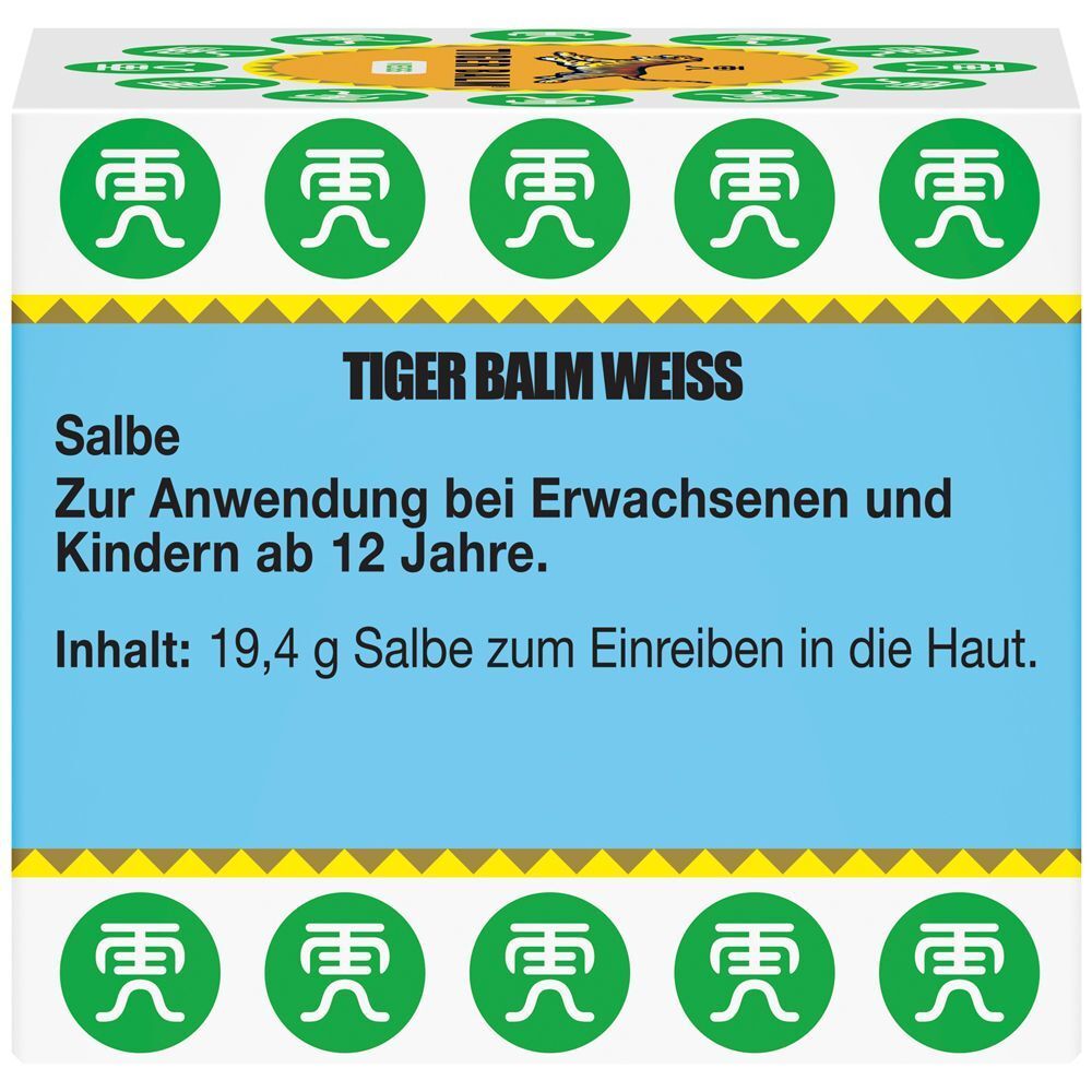 Verpackung von TIGER BALM® WEISS. Text: Salbe. Zur Anwendung bei Erwachsenen und Kindern ab 12 Jahre. Inhalt: 19,4 g Salbe.