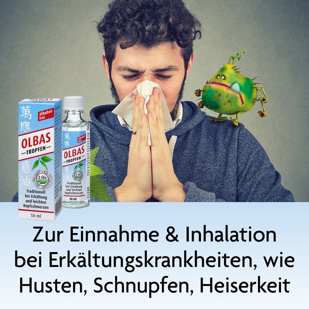 Mann niest in ein Taschentuch. Daneben Flasche und Packung OLBAS Tropfen. Text: Zur Einnahme & Inhalation bei Erkältungskrankheiten.