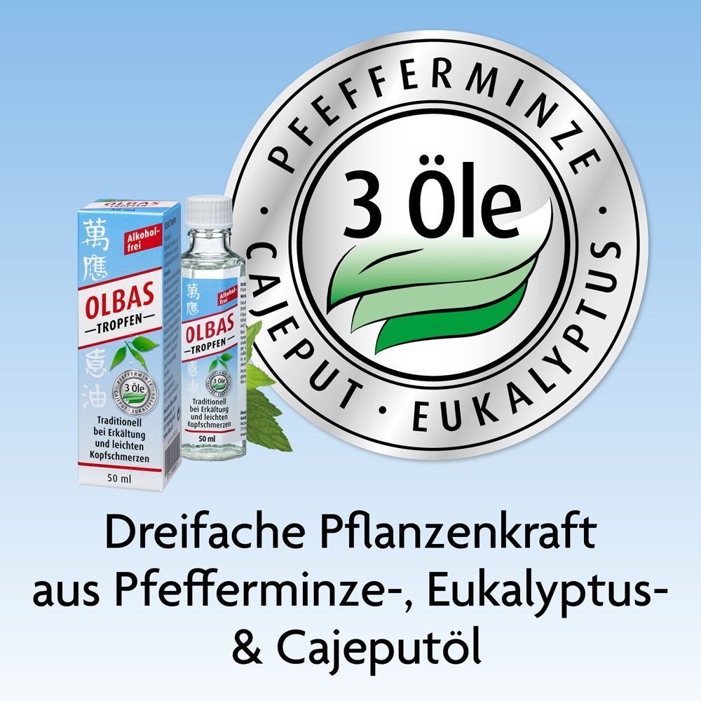 Flasche und Packung OLBAS Tropfen. Text: Dreifache Pflanzenkraft aus Pfefferminz-, Eukalyptus- & Cajeputöl. 3 Öle-Siegel.