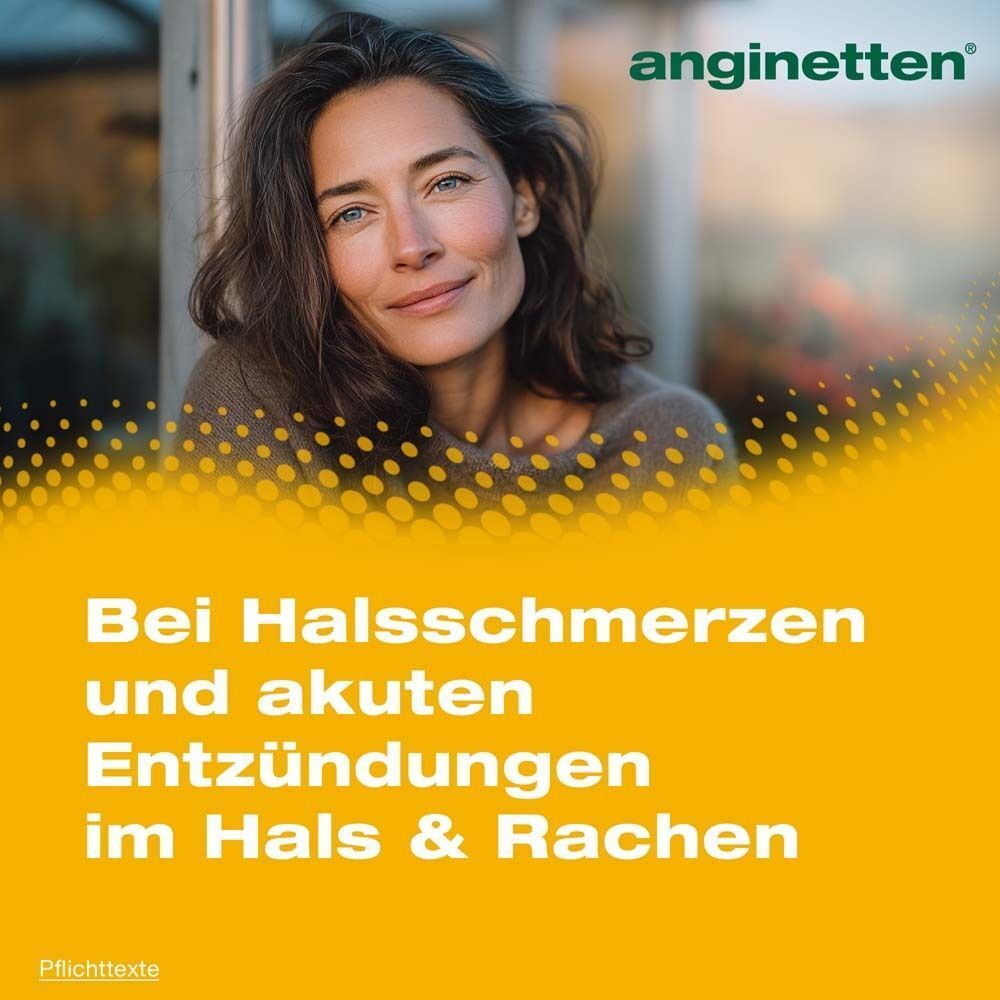 Gelber Hintergrund mit Text: Bei Halsschmerzen und akuten Entzündungen im Hals & Rachen. Logo: anginetten.
