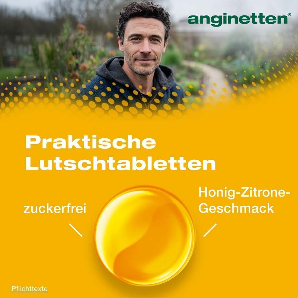 Gelber Hintergrund mit Text: Praktische Lutschtabletten zuckerfrei. Honig-Zitrone Geschmack. Abbildung einer Lutschtablette.