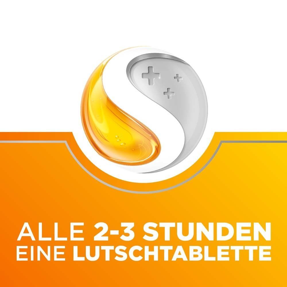 Gelber Hintergrund mit Symbol. Text: Alle 2-3 Stunden eine Lutschtablette.