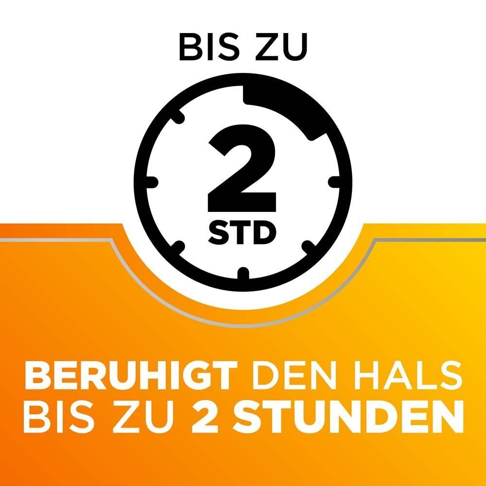 Gelber Hintergrund mit Uhr-Symbol. Text: Bis zu 2 Std. Beruhigt den Hals bis zu 2 Stunden.