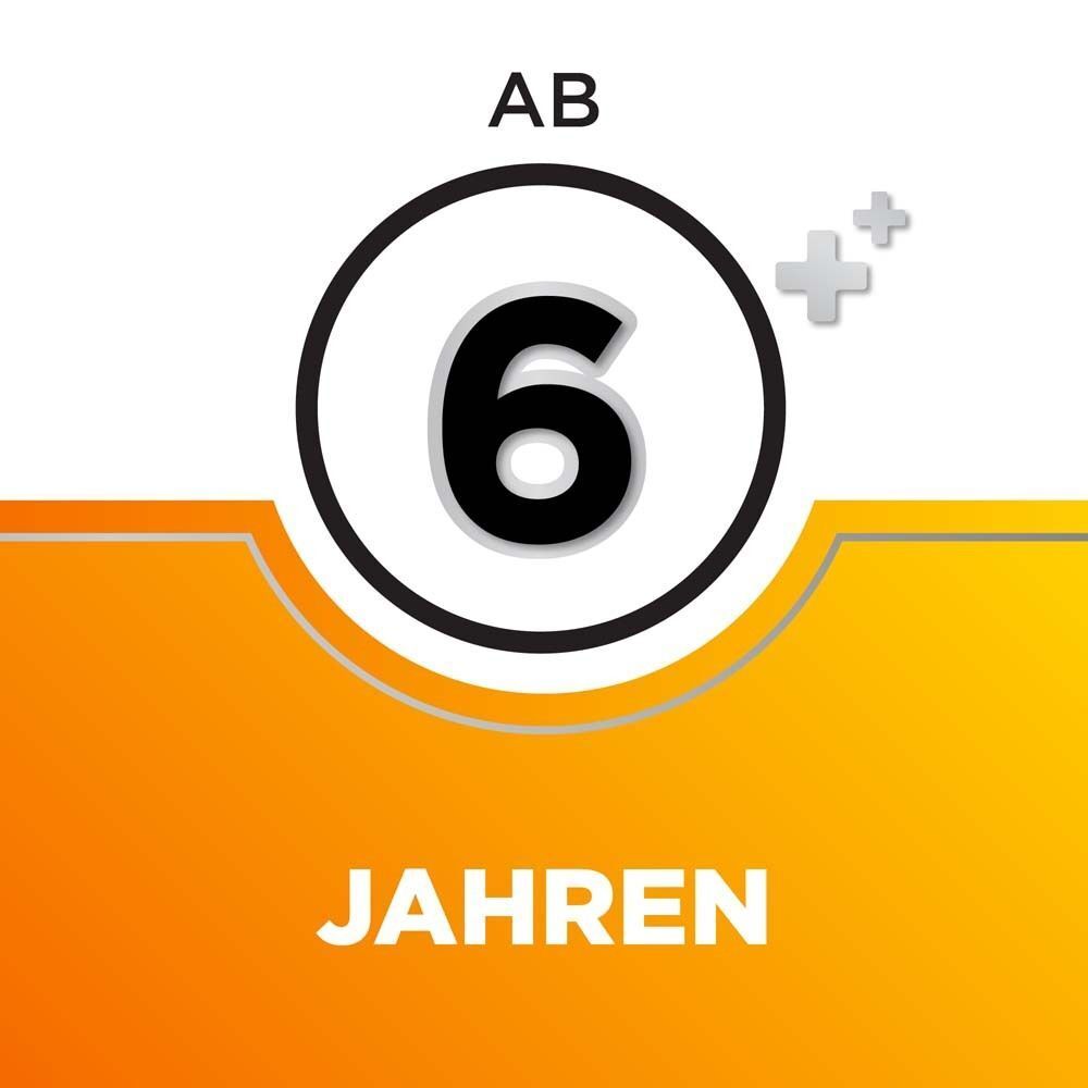 Gelber Hintergrund mit Zahl 6. Text: Ab 6 Jahren.