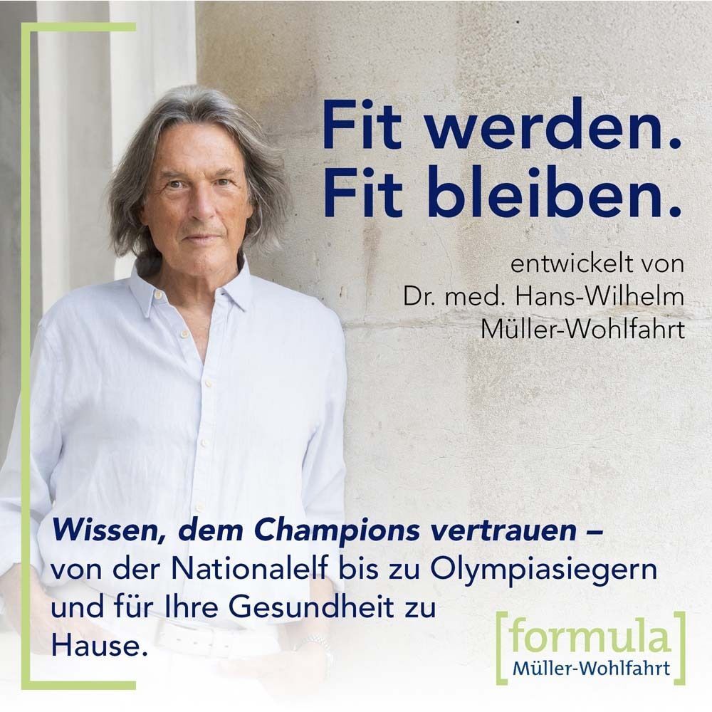 Porträt eines Mannes. Text: Fit werden. Fit bleiben. Entwickelt von Dr. med. Hans-Wilhelm Müller-Wohlfahrt.