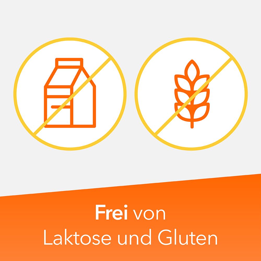 Symbole: Milch und Getreide durchgestrichen. Frei von Laktose und Gluten.