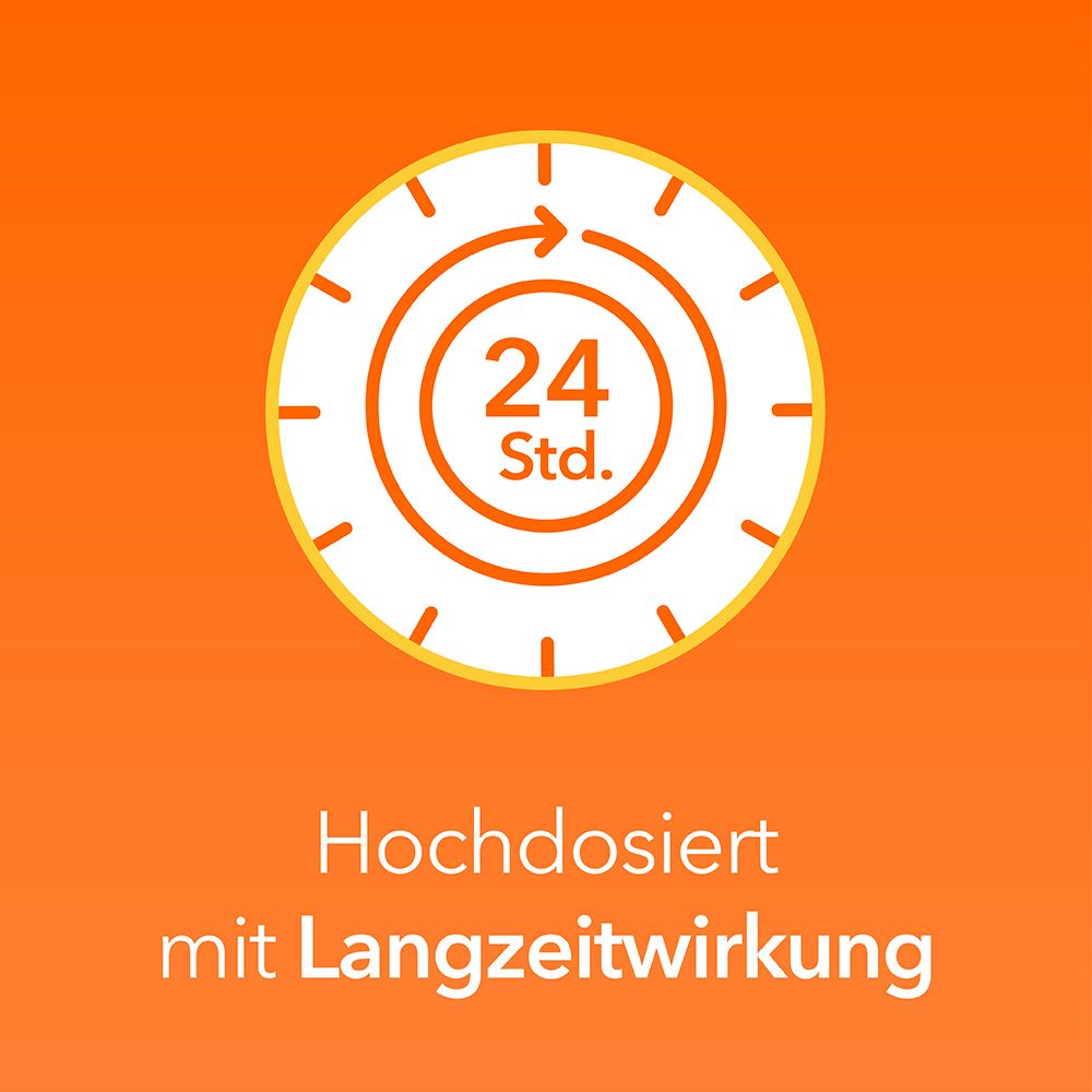 Symbol einer Uhr mit Pfeil und "24 Std.". Hochdosiert mit Langzeitwirkung.