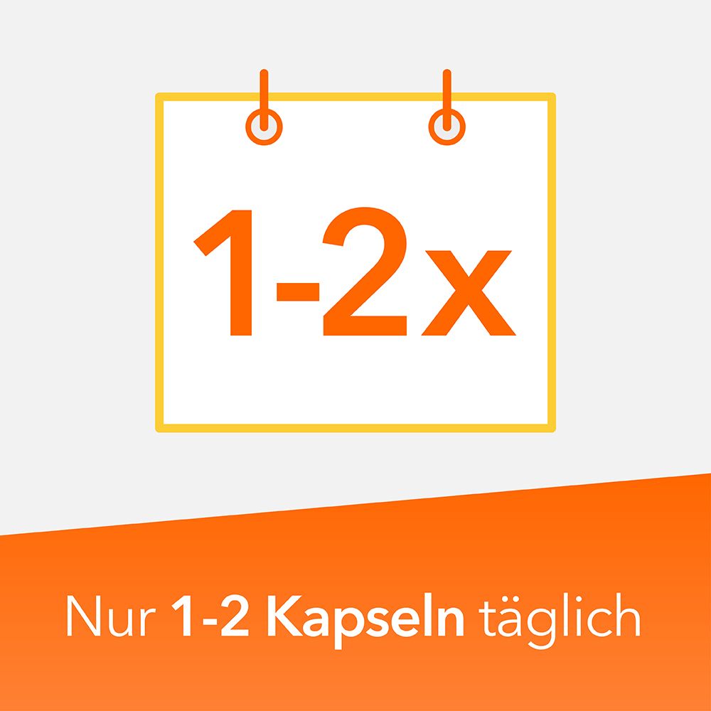 Symbol eines Kalenders mit "1-2x". Nur 1-2 Kapseln täglich.