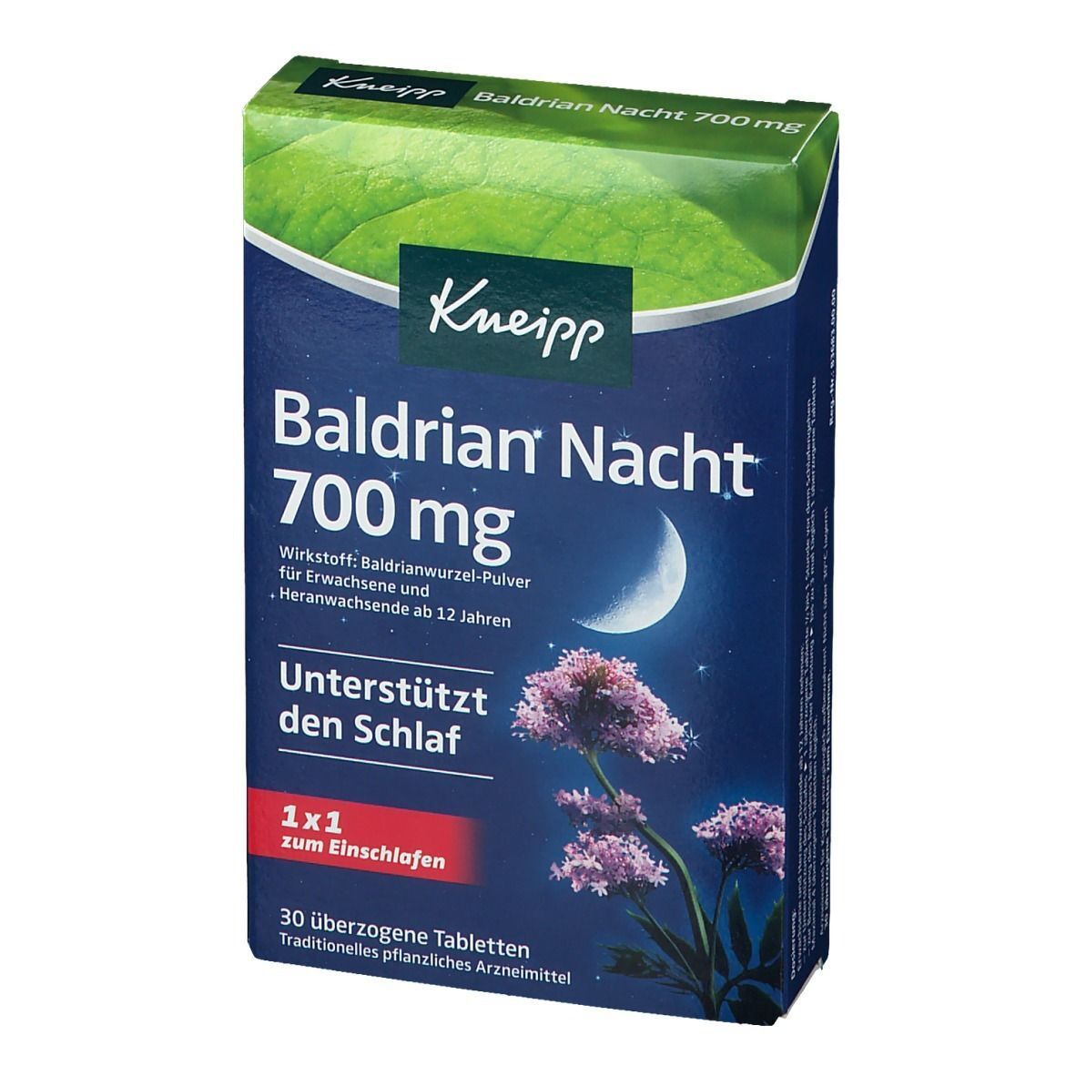 Kneipp Baldrian Nacht 700 mg Schachtel. Blaue Verpackung mit Mond, Blumen und Blättern. Text: Baldrian Nacht, 700 mg, unterstützt den Schlaf.