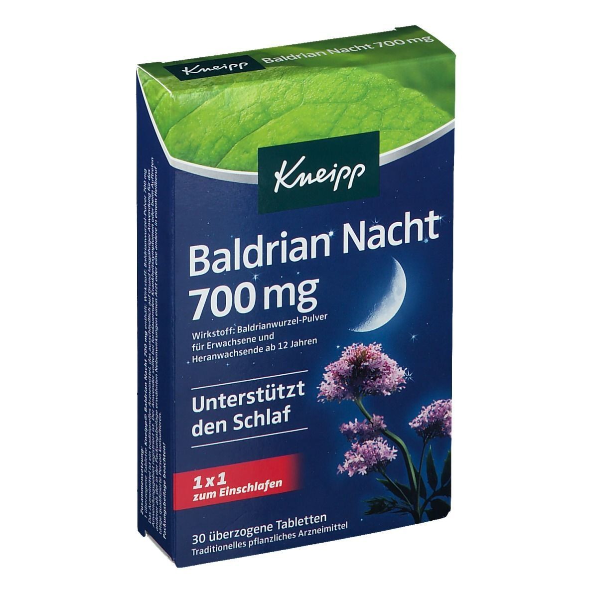 Kneipp Baldrian Nacht 700 mg Schachtel. Blaue Verpackung mit Mond, Blumen und Blättern. Text: Baldrian Nacht, 700 mg, unterstützt den Schlaf.