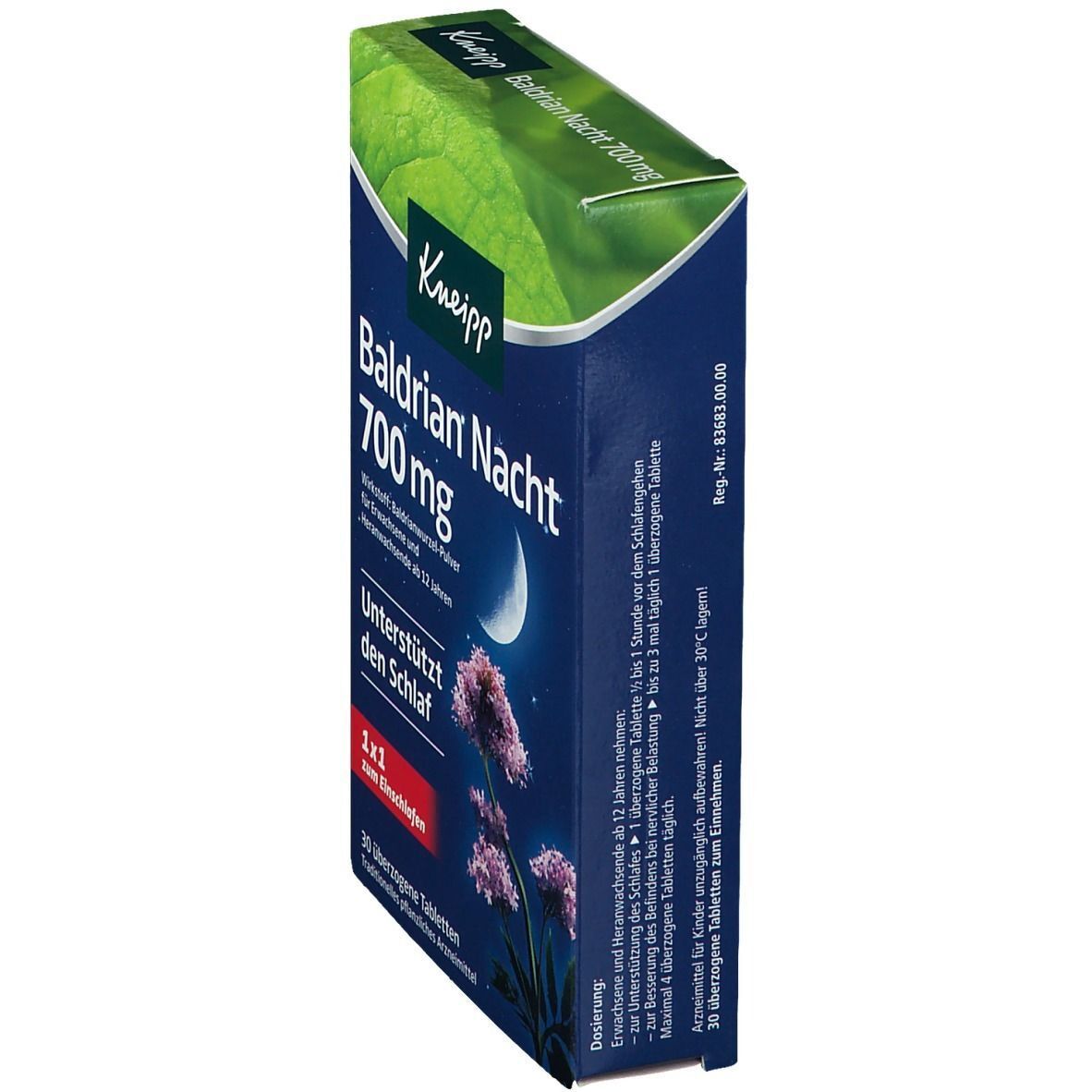 Kneipp Baldrian Nacht 700 mg Schachtel, schräg. Blaue Verpackung mit Mond, Blumen und Blättern. Text: Baldrian Nacht, 700 mg, unterstützt den Schlaf.