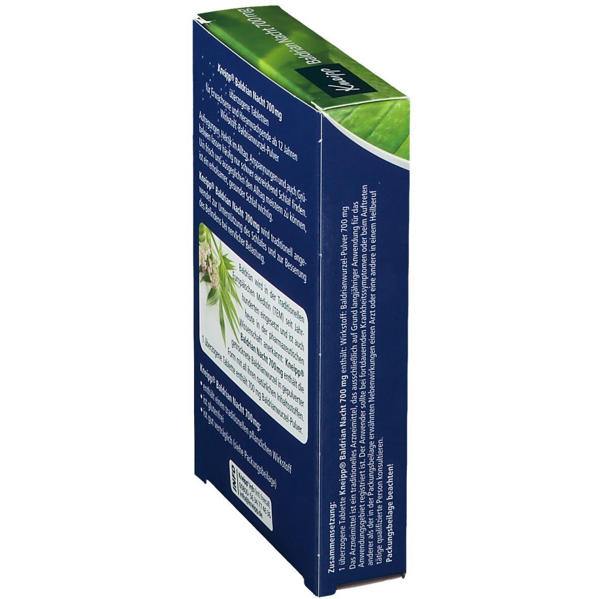 Kneipp Baldrian Nacht 700 mg Schachtel, schräg. Rückseite mit Text. Blaue Verpackung mit Mond, Blumen und Blättern. Text: Baldrian Nacht, 700 mg.