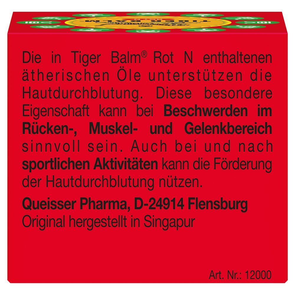 Rote Verpackung mit Text. Schriftzug: TIGER BALM® ROT N. Text über Inhaltsstoffe und Anwendung.