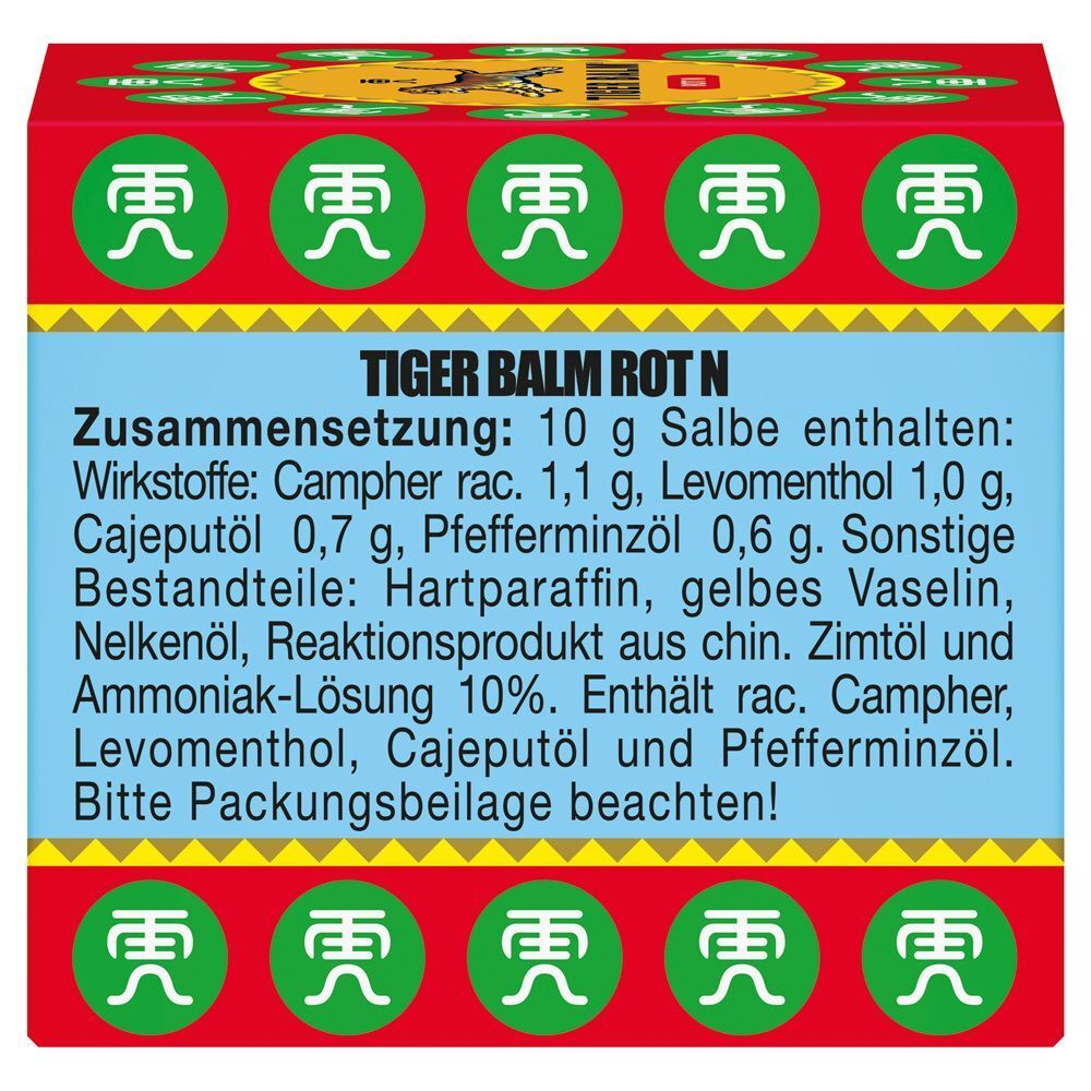 Rote Verpackung mit Text. Schriftzug: TIGER BALM ROT N. Auflistung der Inhaltsstoffe.