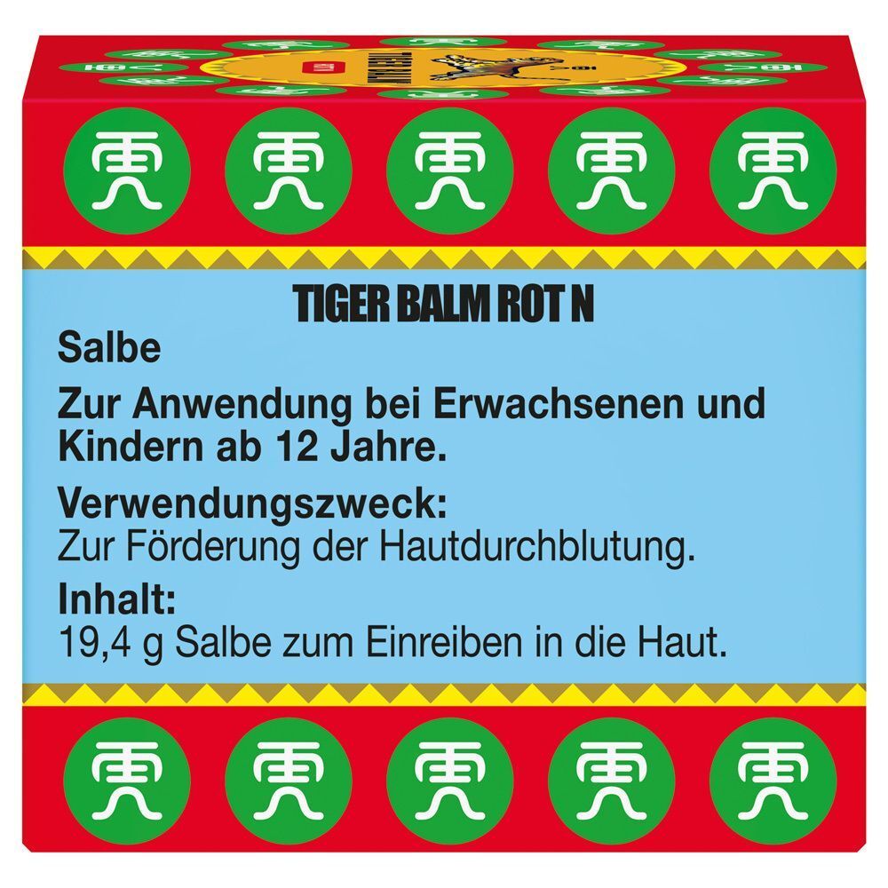 Rote Verpackung mit Text. Schriftzug: TIGER BALM ROT N. Informationen zur Anwendung.