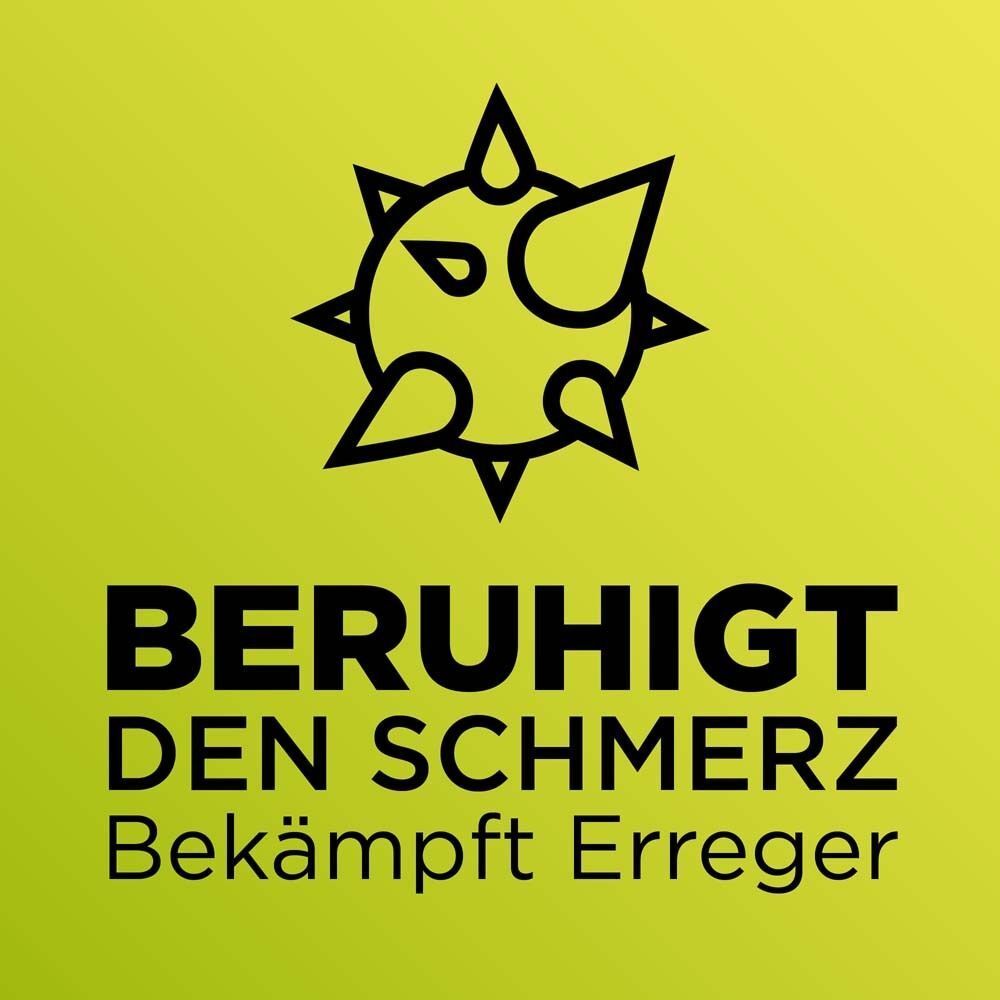 Grafik mit schwarzem Symbol eines Virus und Text: Beruhigt den Schmerz, Bekämpft Erreger. Hintergrund gelb-grün.