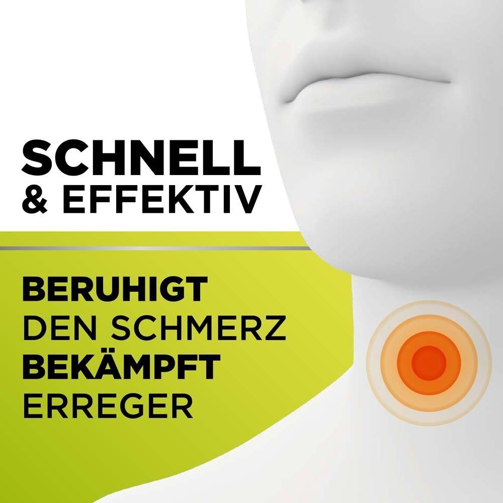 Grafik mit Hals und Text: Schnell & Effektiv, Beruhigt den Schmerz, Bekämpft Erreger. Hintergrund grün.