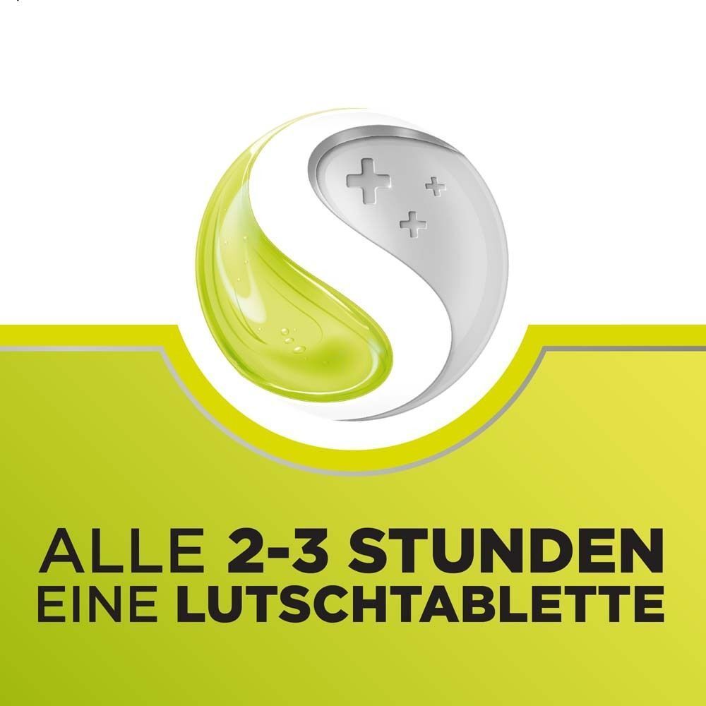 Grafik mit Text: Alle 2-3 Stunden eine Lutschtablette. Hintergrund grün.