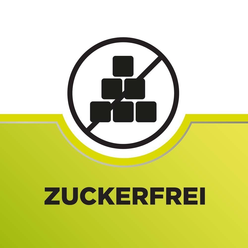 Grafik mit Text: Zuckerfrei. Symbol: Durchgestrichene Zuckerwürfel. Hintergrund grün.