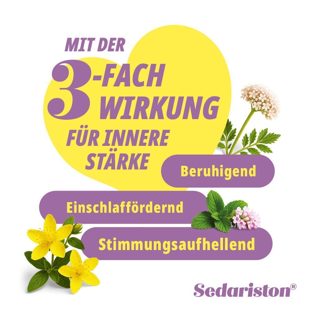 Gelber Hintergrund mit Text: Mit der 3-fach Wirkung für innere Stärke. Beruhigend, einschlaffördernd, stimmungsaufhellend. Sedariston®.