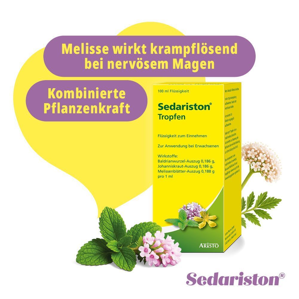 Gelber Hintergrund mit Sedariston® Tropfen und Text: Melisse wirkt krampflösend bei nervösem Magen. Kombinierte Pflanzenkraft.