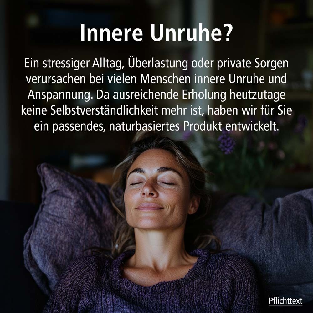 Frau entspannt auf Sofa. Text: Innere Unruhe? Natur-basiertes Produkt entwickelt.