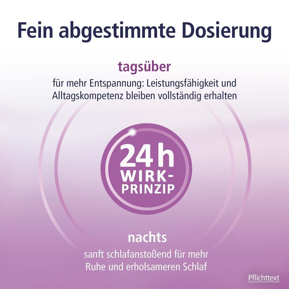 Kreisförmige Grafik. Text: Fein abgestimmte Dosierung. 24h Wirkprinzip. Tagsüber: mehr Entspannung. Nachts: erholsamer Schlaf.