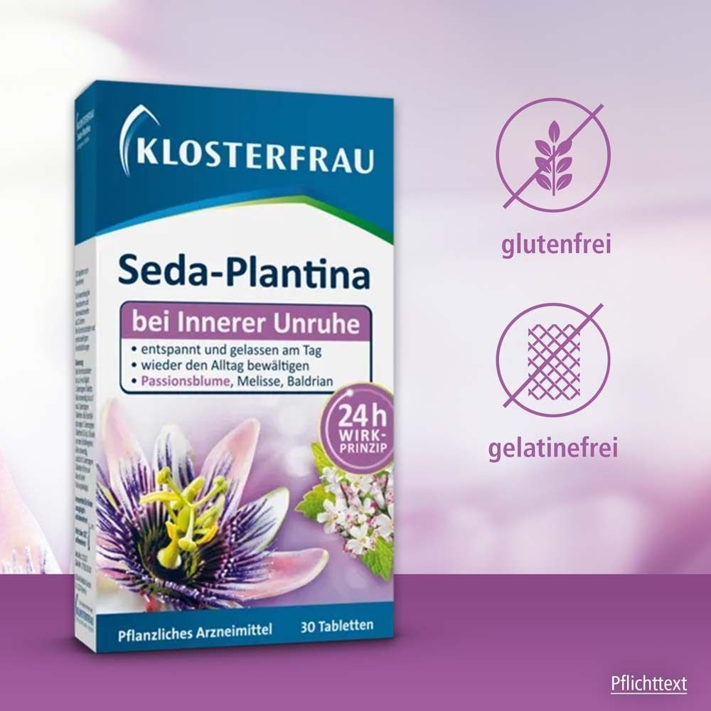KLOSTERFRAU Seda-Plantina Schachtel. Text: bei Innerer Unruhe. 24h Wirkprinzip. Glutenfrei, gelatinefrei.