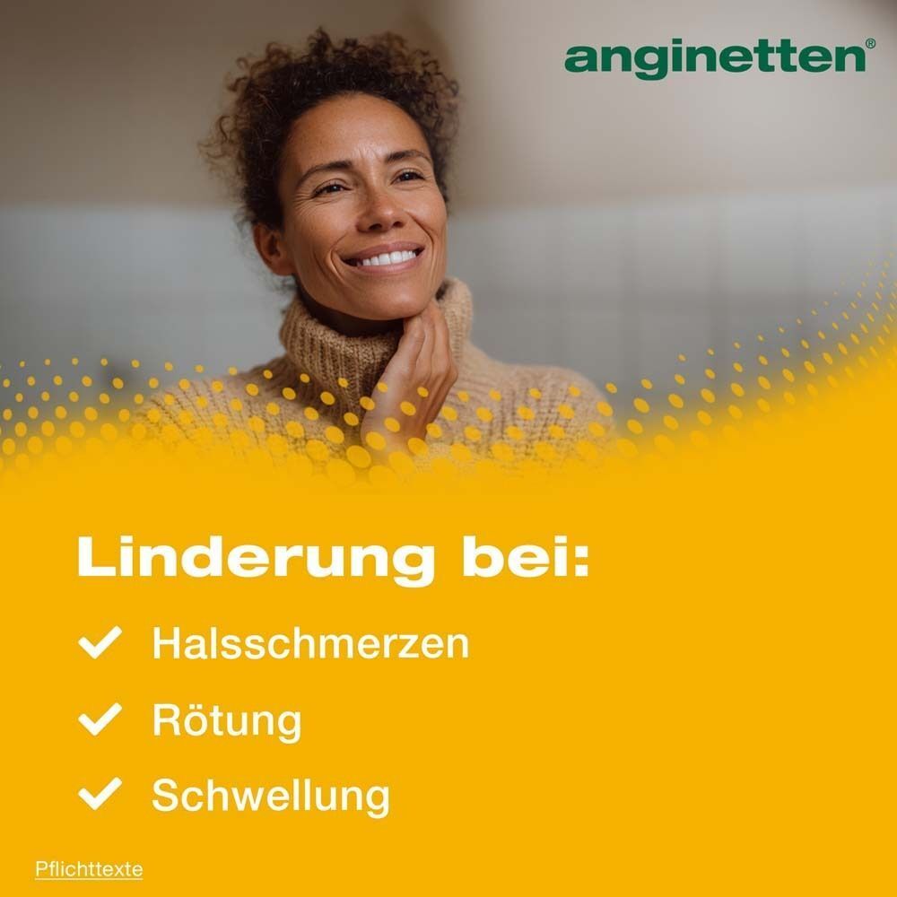 Frau lächelt. Gelber Hintergrund mit Text: Linderung bei: Halsschmerzen, Rötung, Schwellung. Anginetten® Logo.