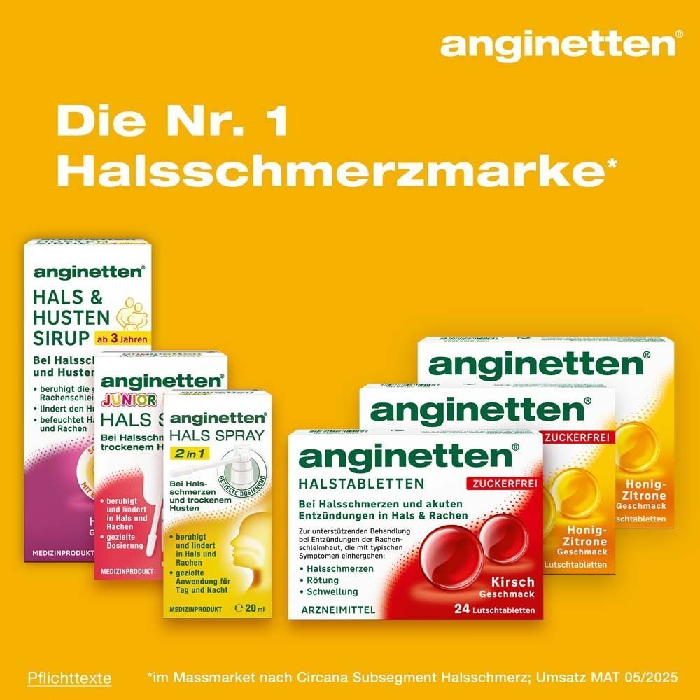 Verschiedene anginetten® Produkte. Packungen mit Halstabletten, Hustensirup und Spray. Gelber Hintergrund. Die Nr. 1 Halsmarke.