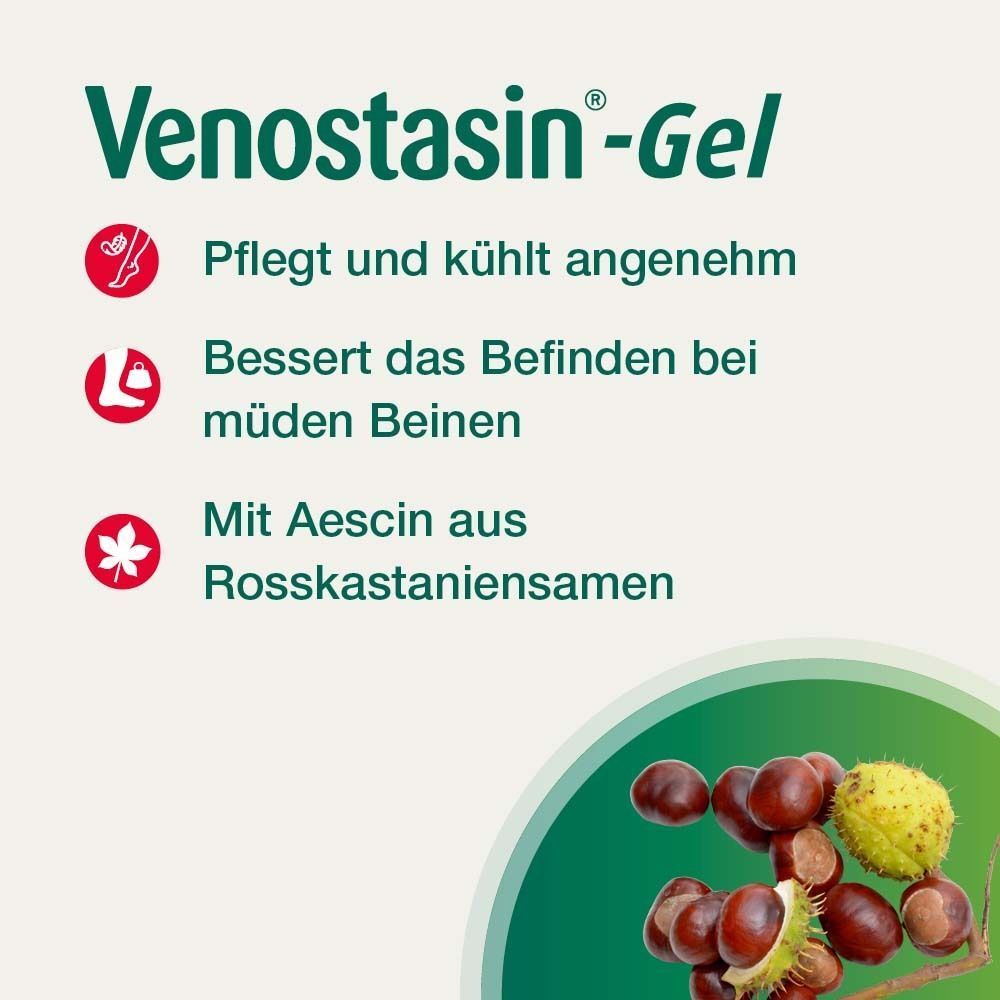 Produktabbildung mit Text: "Venostasin-Gel". Text: "Pflegt und kühlt angenehm", "Bessert das Befinden bei müden Beinen", "Mit Aescin aus Rosskastaniensamen".
