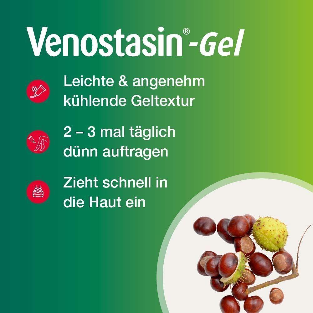 Produktabbildung mit Text: "Venostasin-Gel". Text: "Leichte & angenehm kühlende Geltextur", "2 - 3 mal täglich dünn auftragen", "Zieht schnell in die Haut ein".