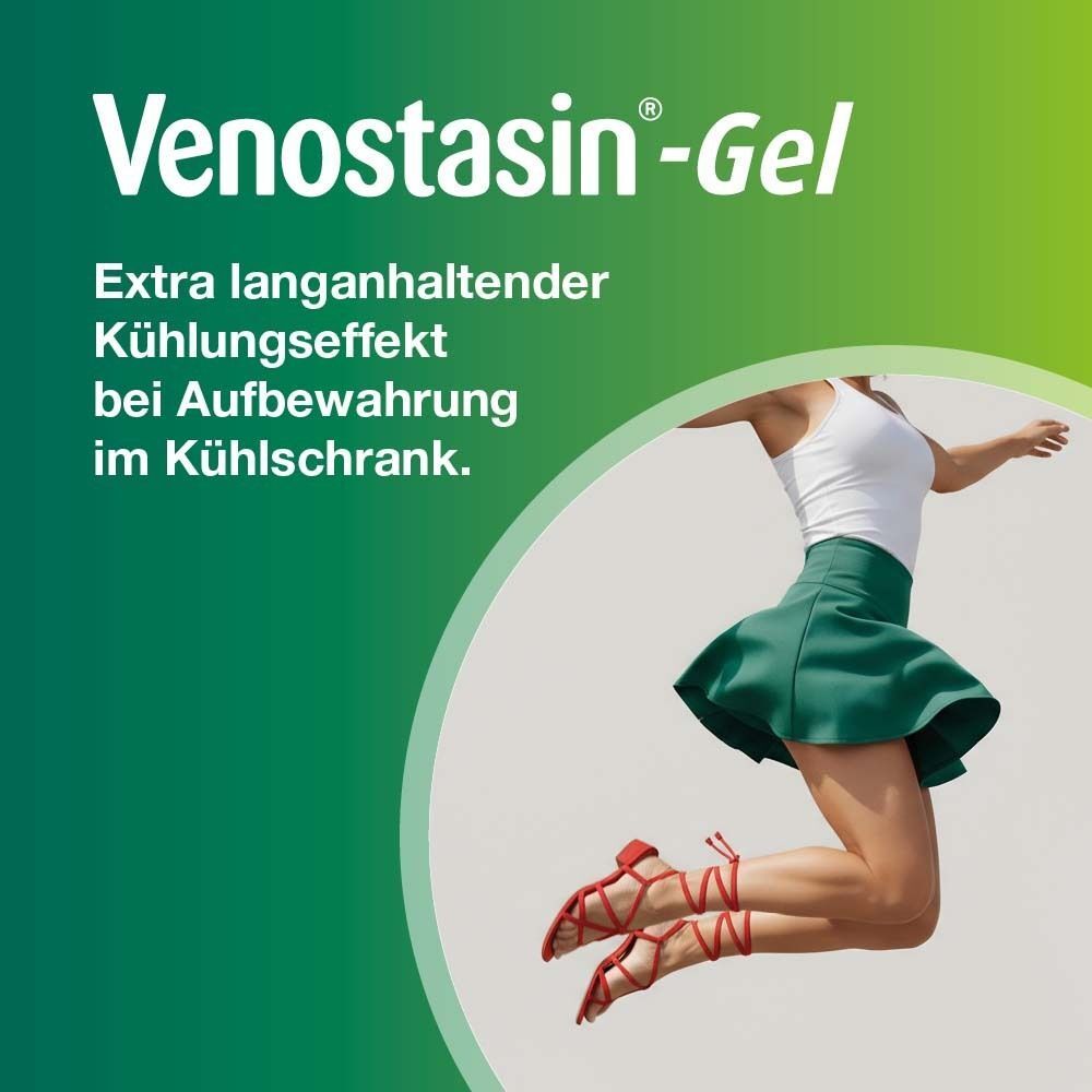Produktabbildung mit Text: "Venostasin-Gel". Text: "Extra langanhaltender Kühlungseffekt bei Aufbewahrung im Kühlschrank". Frau springt.