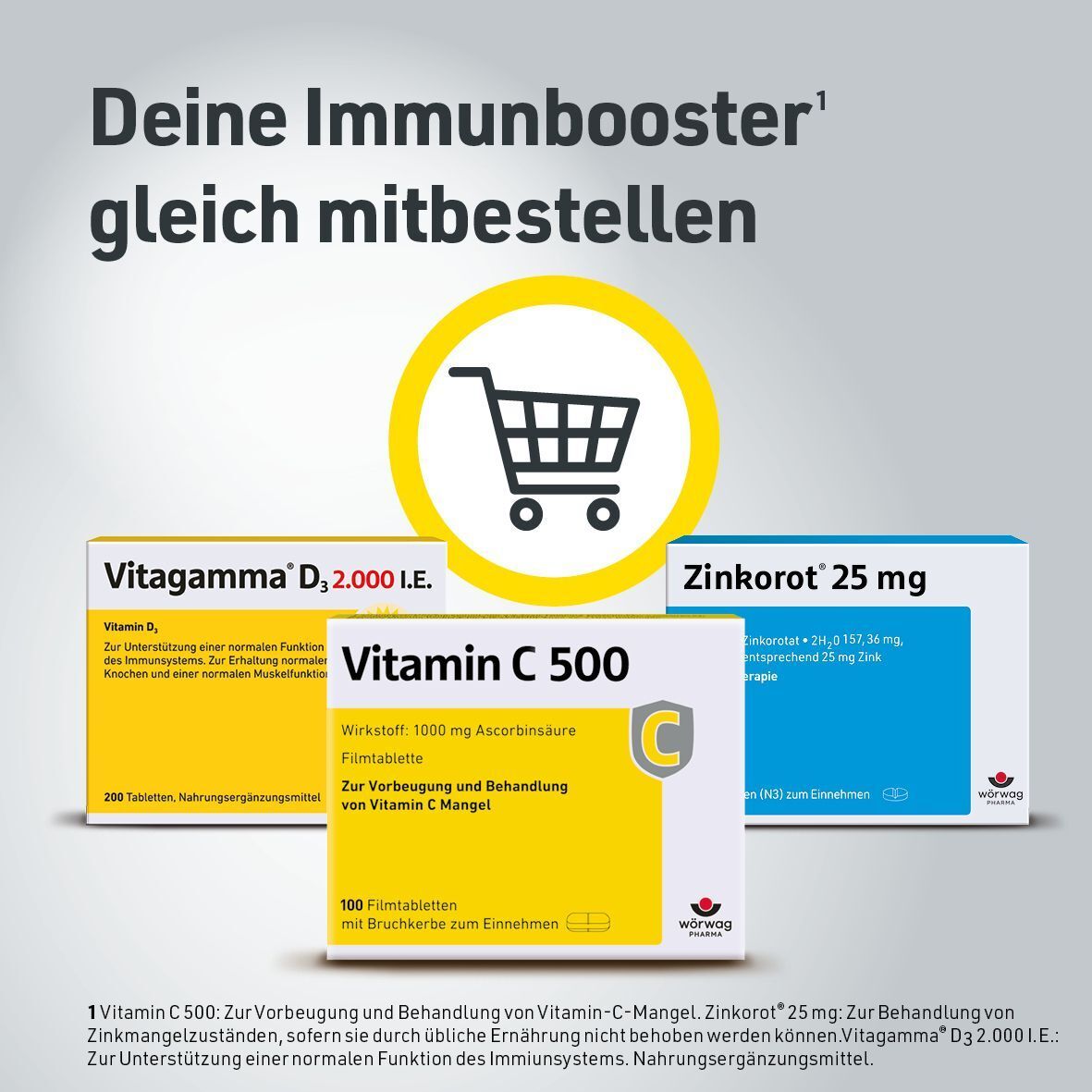 Drei Produktverpackungen: Vitamin C 500, Vitagamma D2, Zinkorot. Gelbe Verpackung mit weißer Schrift.