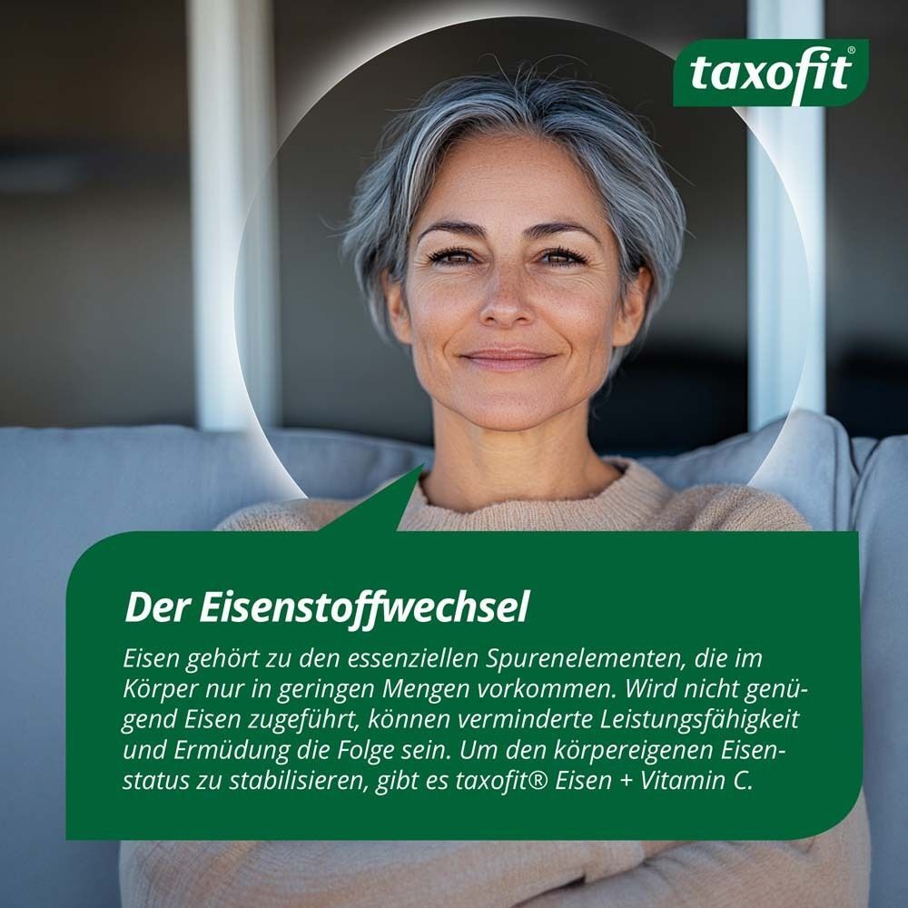 Porträt einer Frau mit grauem Haar. Text: Der Eisenstoffwechsel.