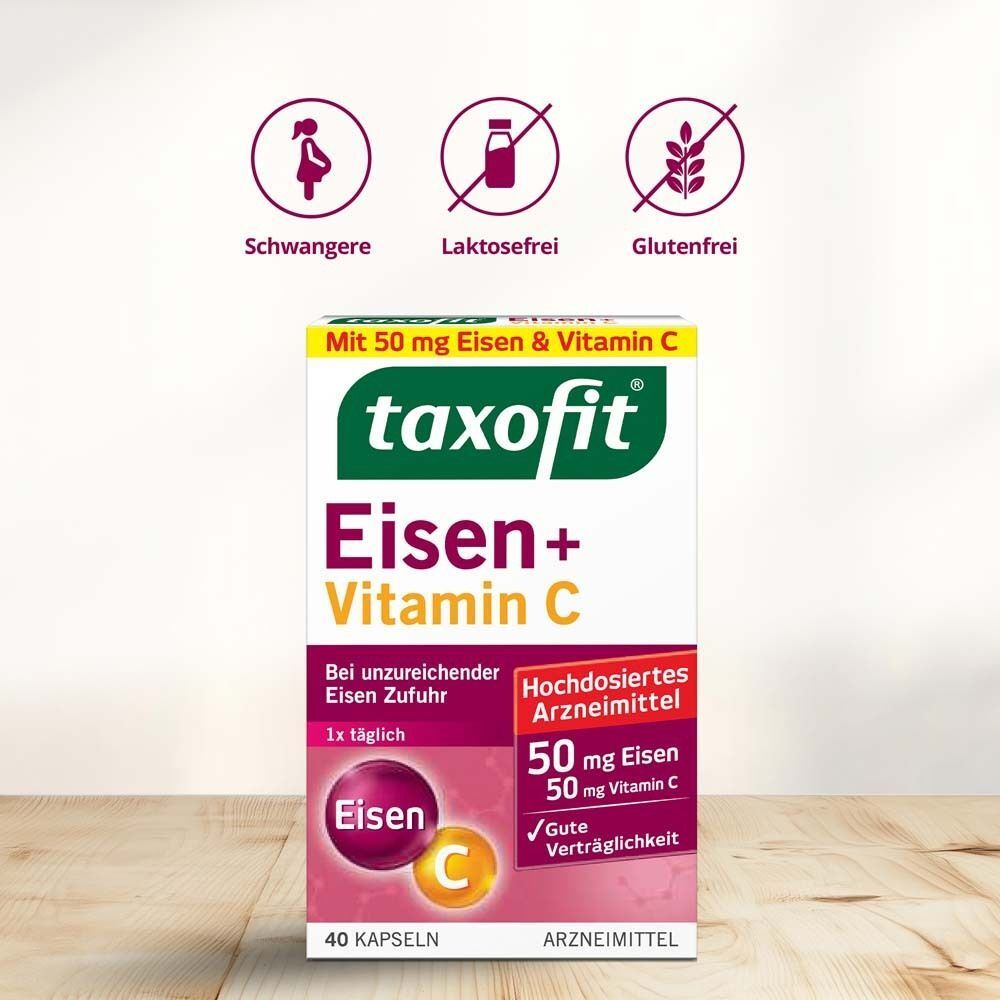 Packung taxofit® Eisen + Vitamin C. Aufschrift: 50 mg Eisen & Vitamin C. Symbole: Schwangere, laktosefrei, glutenfrei.