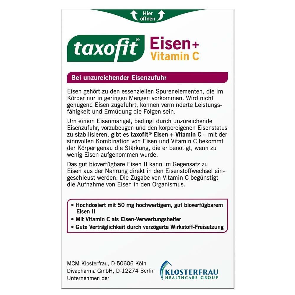 Rückseite der Packung taxofit® Eisen + Vitamin C. Text über Eisenmangel und die Vorteile von Eisen + Vitamin C.