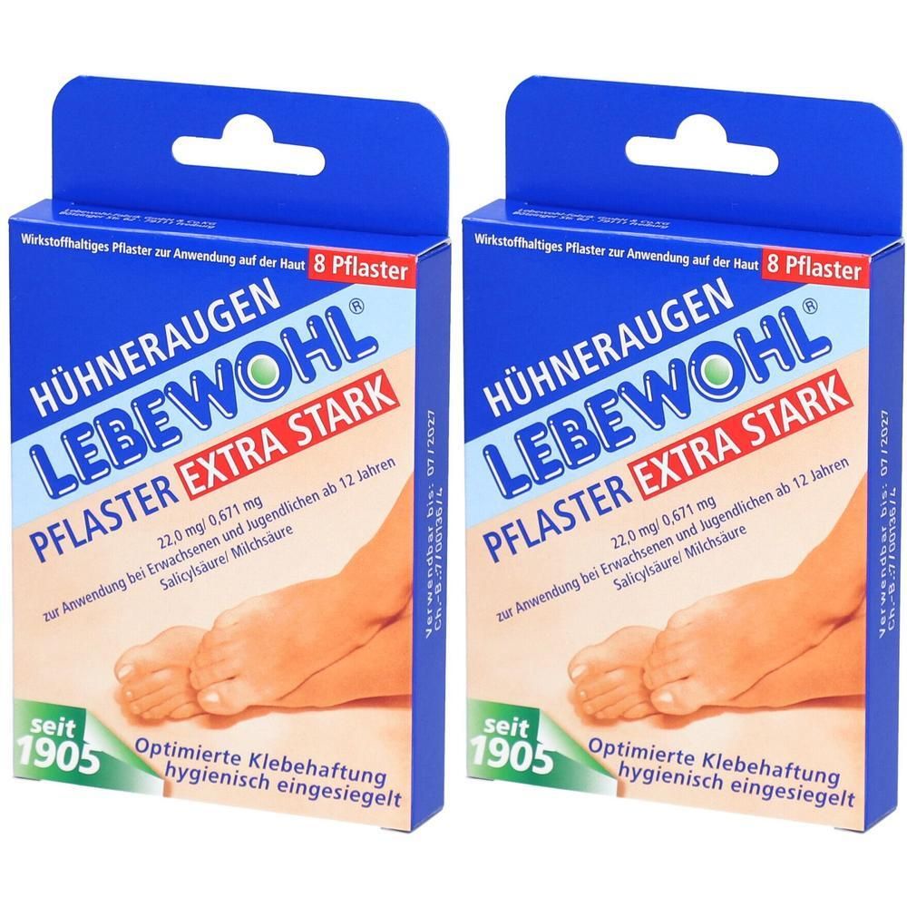 Zwei Packungen Hühneraugenpflaster Extra Stark. Blaue Verpackung mit Produktnamen und Fußabbildung. Enthält 8 Pflaster.