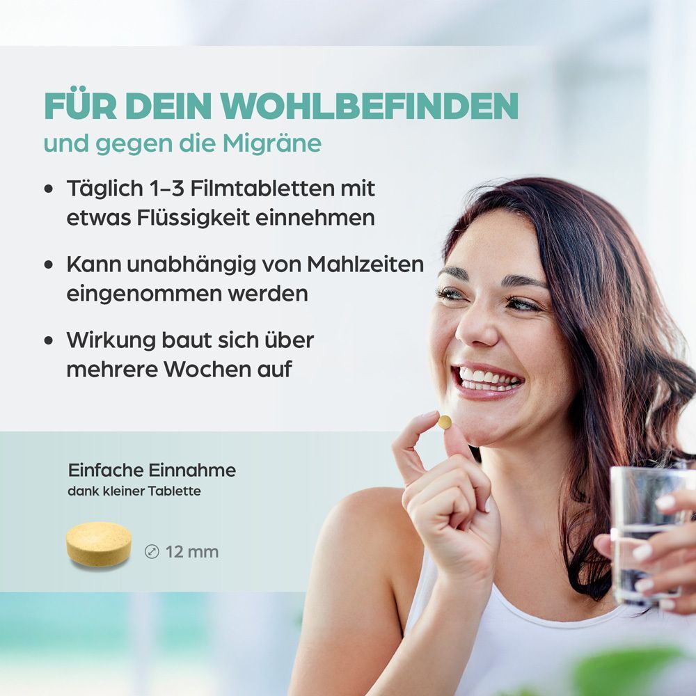 Frau hält Tablette und Glas Wasser. Text: FÜR DEIN WOHLBEFINDEN und gegen die Migräne. Tablette 12 mm.