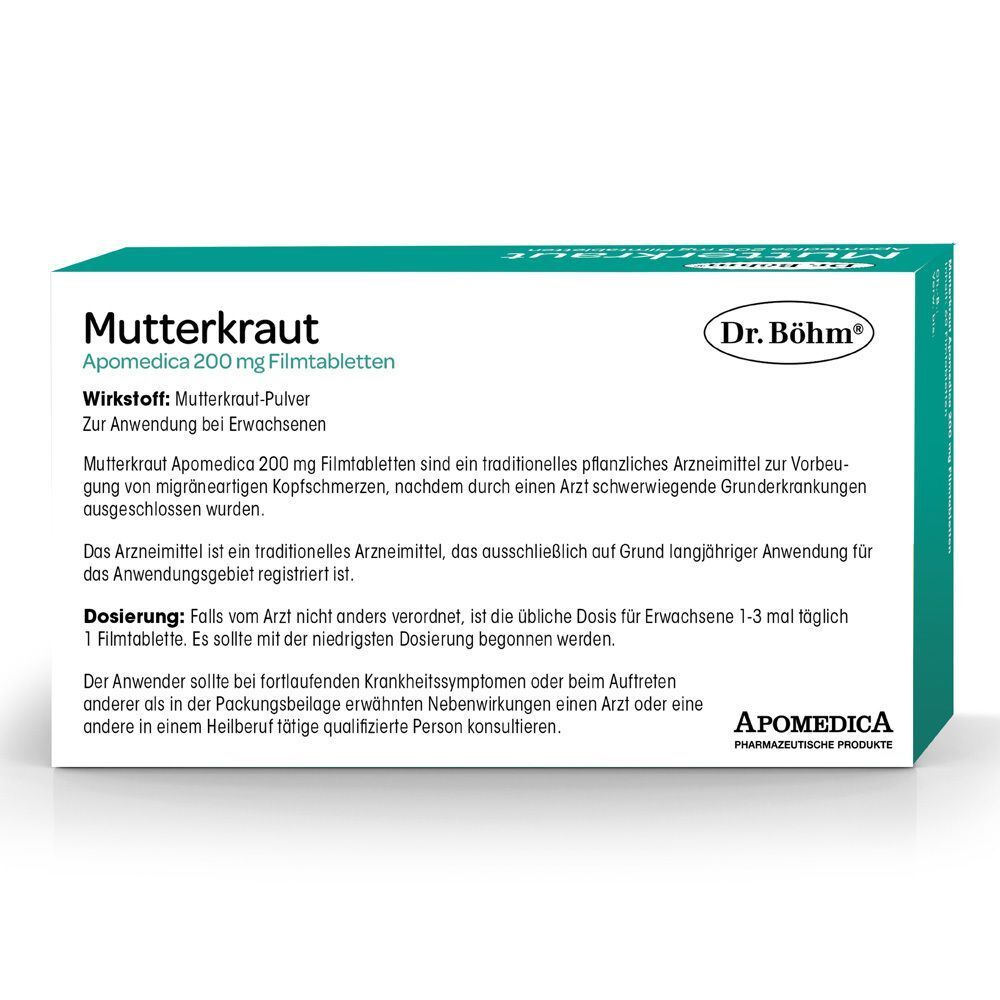 Produktverpackung mit Text: Mutterkraut Apomedica 200 mg Filmtabletten. Wirkstoff: Mutterkraut-Pulver. Für Erwachsene.