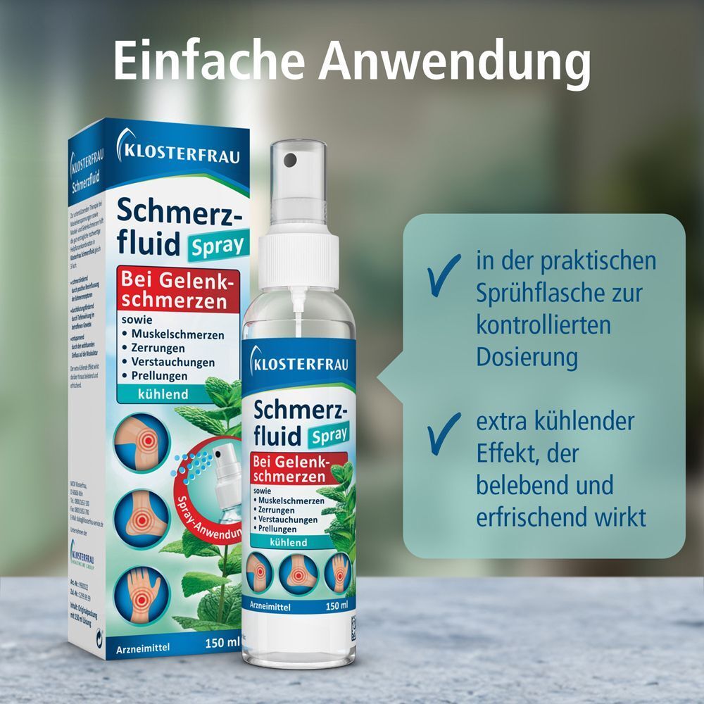 KLOSTERFRAU Schmerzfluid Spray mit Verpackung. Text: Einfache Anwendung. In Sprühflasche. Extra kühlender Effekt.